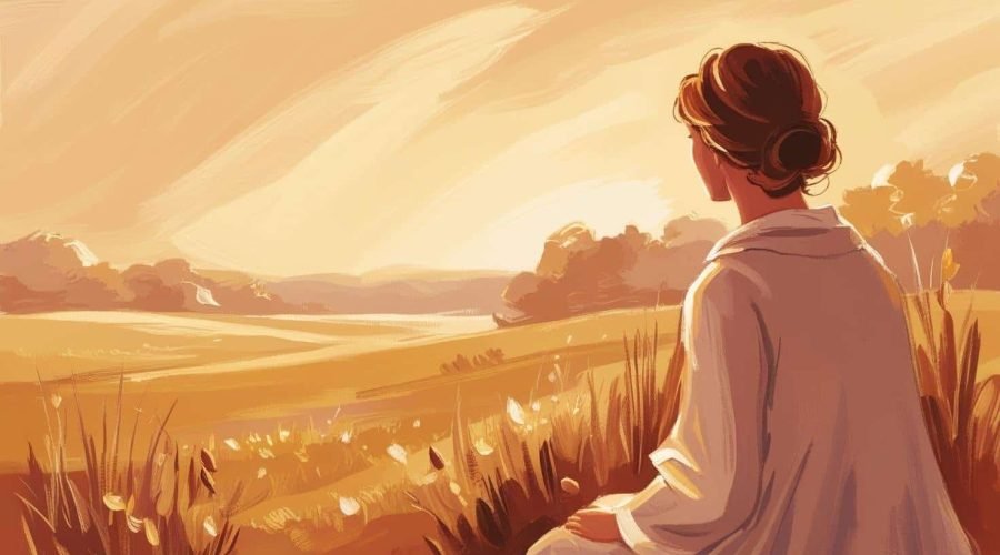 Woman looking out into an open field.