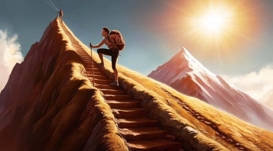 Man building resilience through climbing up steps and overcoming obstacles.