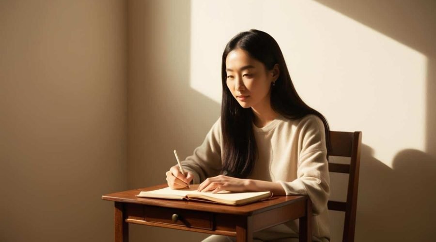 Asian woman sitting at a desk journaling