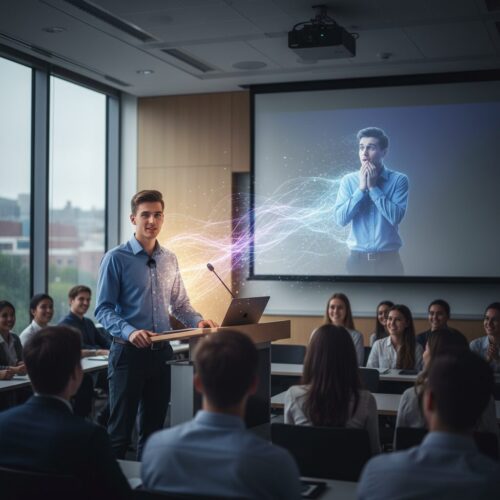 Young man confidently presenting a speech in a modern lecture room while his past self, fearful and anxious, is projected on the screen, illustrating the triumph over glossophobia and public speaking fear.