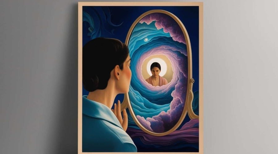 Woman looking into a mirror and self reflecting.
