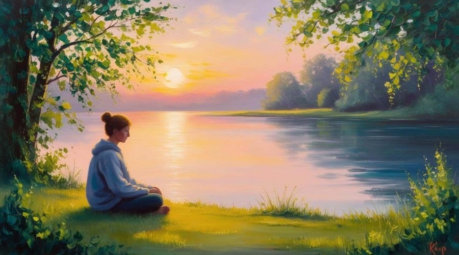 Woman meditating by a lake looking out at the sunset.