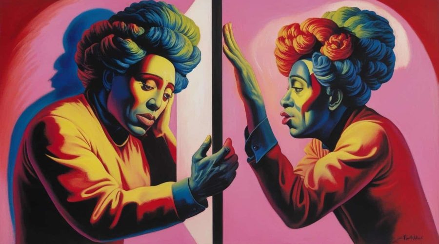 African American woman looking at herself in a mirror and shaming herself.