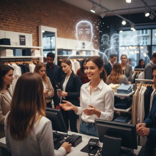 Retail cashier smiling and helping a customer, while a holographic overlay shows the customer's true distressed emotional reaction, illustrating the importance of empathy and emotional intelligence in customer service.